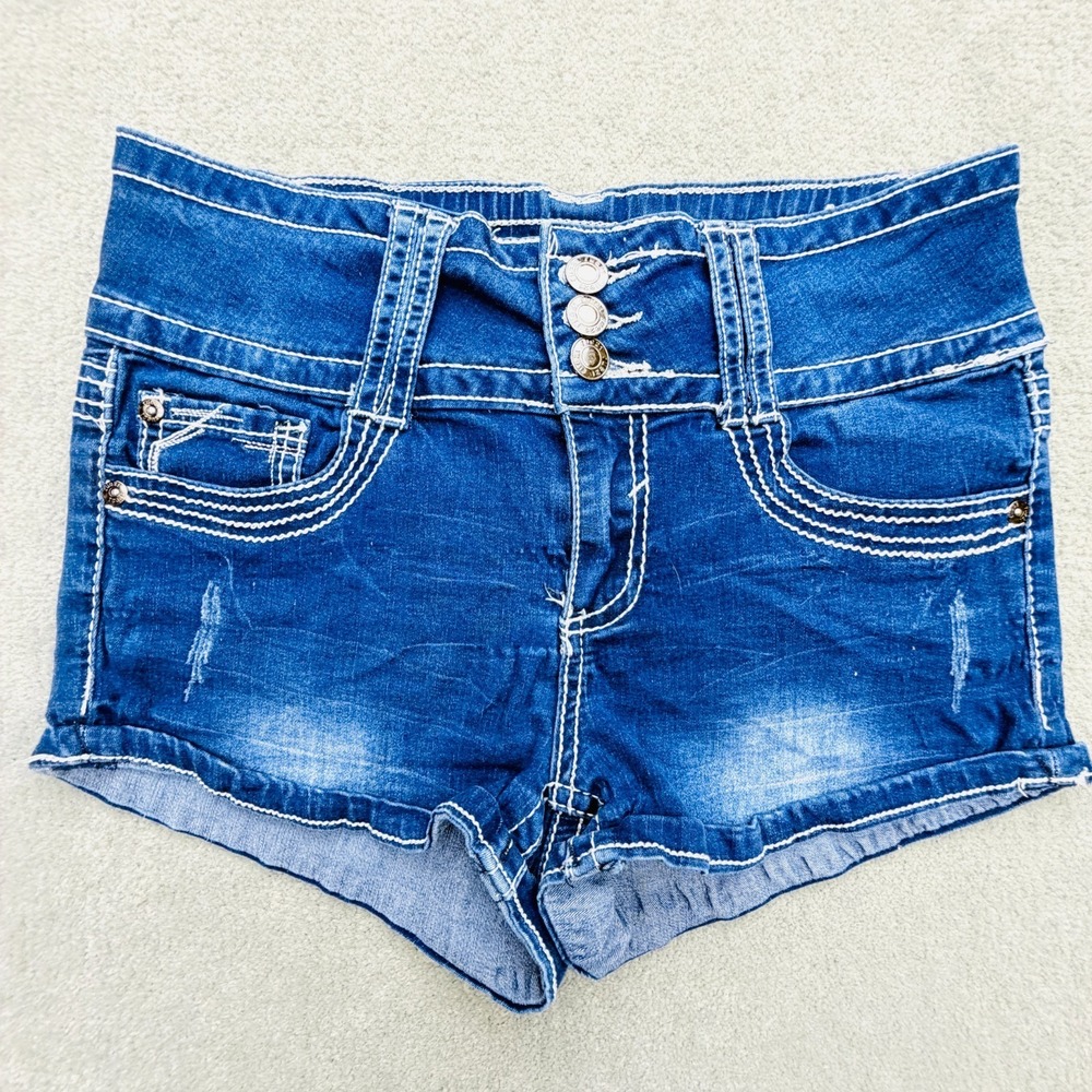 Womens Hi Rise Denim Shorts Sz 5/6 Blue Fade Embellished Iron Cross Back Pockets